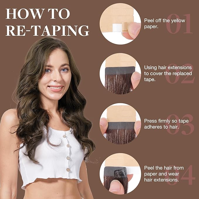 GOO GOO Tape in Hair Extensions Human Hair, 2/6 Dark Brown Highlighted Chestnut Brown, 20inch 100g 40pcs, Skin Weft Seamless Invisible, Silky Straight with Thick Ends, Remy Human Hair
