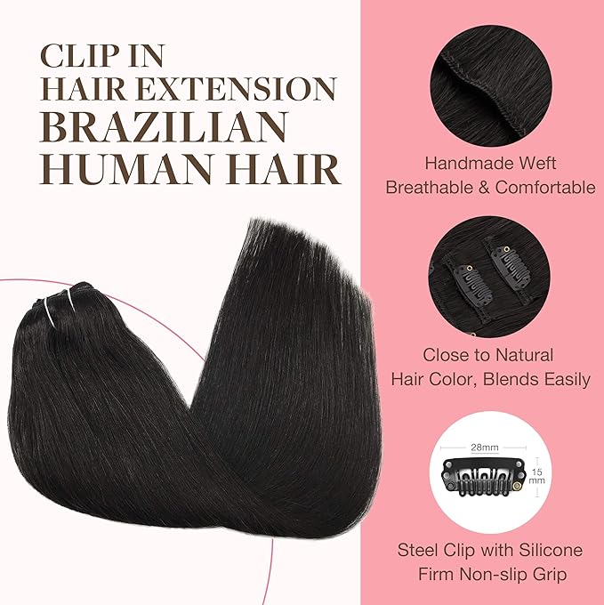 GOO GOO Clip in Hair Extensions Real Human Hair, Remy Human Hair Extensions Clip ins for Women, Natural Human Hair, 18inch 180g 7Pcs, #1B Natural Black