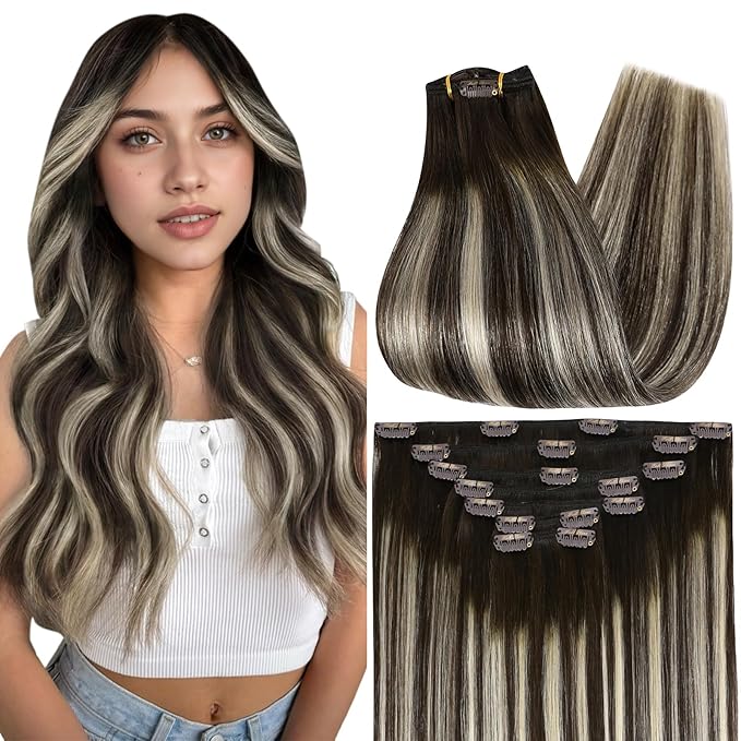 Full Shine Hair Extensions Real Human Hair Clip ins Balayage 24 Inch Clip in Hair Extensions Dark Brown to Blonde Real Hair Extension for Styling 7 Pcs 120 G