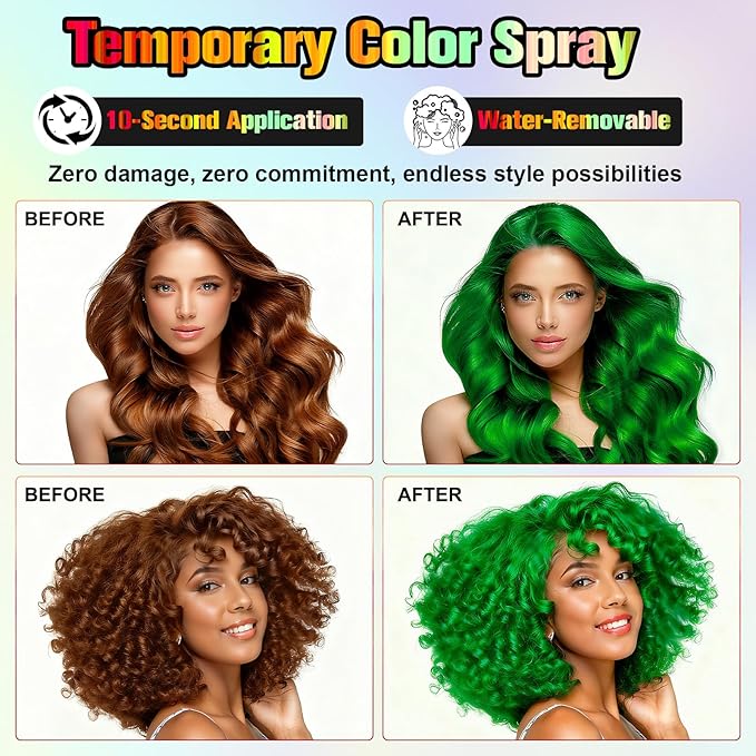 Temporary Hair Color Spray - Instant Washable Hair Dye for Kids & Adults, Non-Toxic & Non-Sticky Formula for Halloween, Cosplay, Parties & Festivals - Lasts All Day, Easy Wash Out - 4.22 fl oz (Green)