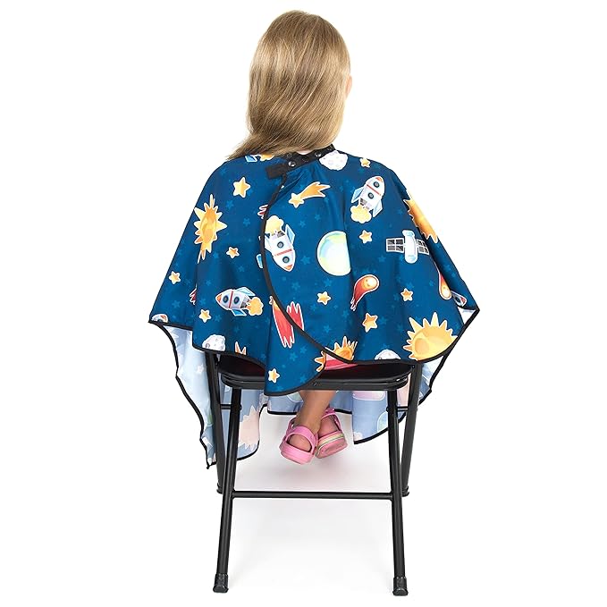 Kids Hair Cutting Cape - Outer Space Print, Water-Resistant Salon Cape with Snap Closure - Lightweight Barber Cape for Children’s Haircuts - Fun Kids Hairdresser Cape for Salon or Home Use