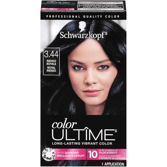Schwarzkopf Color Ultime 3.44 Indigo Royale Hair Dye, Permanent Intense Black with Diamond Brilliance, Fade-Resistant, Covers Grays, All Hair Textures