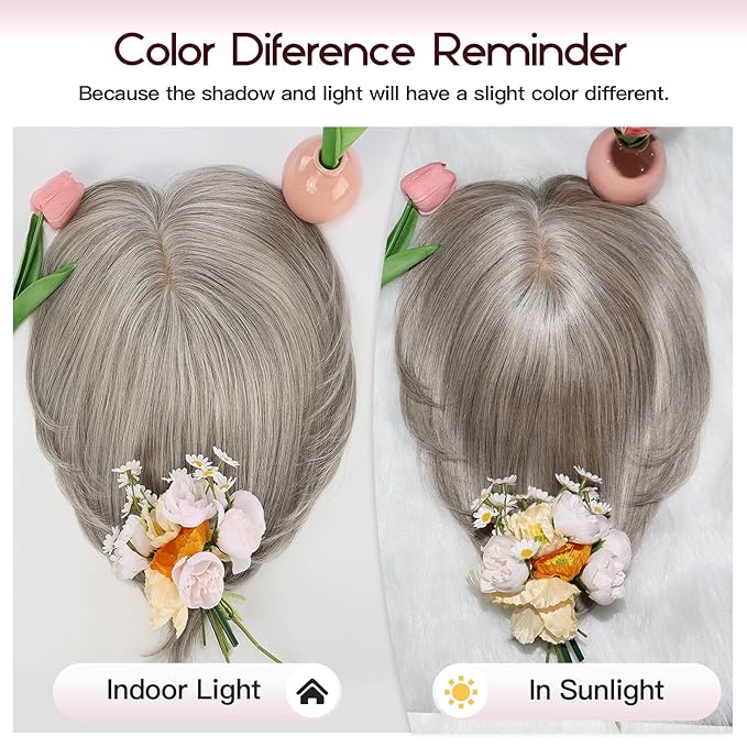 EMMOR Human Hair Toppers for Women Short Bob Real Hair with Bangs 10" Side Part Hairpieces for Women with Thin Hair 6.5" × 6.5" Larger Base Human Wig Toppers(Gray)