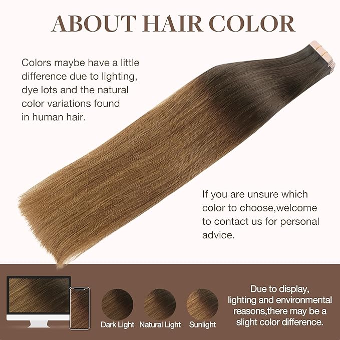 GOO GOO Tape in Hair Extensions Human Hair, 1D/2C/4E Chocolate Dip Color Melt, 14inch 100g 40pcs, Skin Weft Seamless Invisible, Silky Straight with Thick Ends, Remy Human Hair
