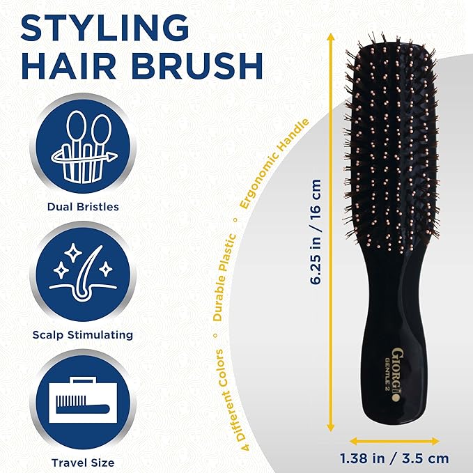 Giorgio Gentle Mini Hair Brush for Men - Dual Length Bristles for Fine and Thick Hair, Scalp Massager, Detangler, and Travel Brush