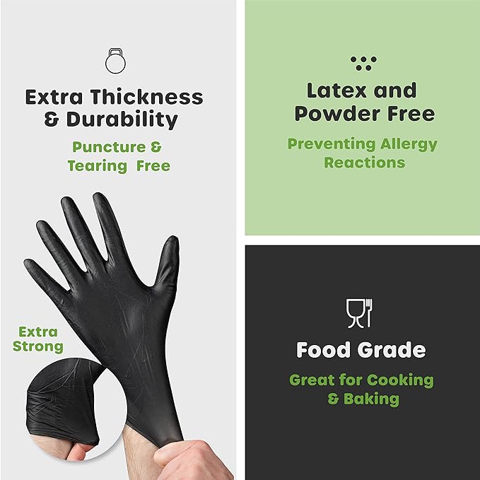 Comfy Package Black Nitrile HEAVY DUTY 6 Mil. Chemical Resistance, Latex & Powder Free, Textured Fingertips Disposable Gloves
