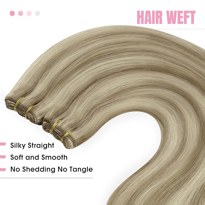 YoungSee Weft Hair Extensions Brown Blonde Sew in Hair Extensions Real Human Hair Light Brown with Blonde Highlight Sew in Extensions Long Straight Hair 22Inch 100G