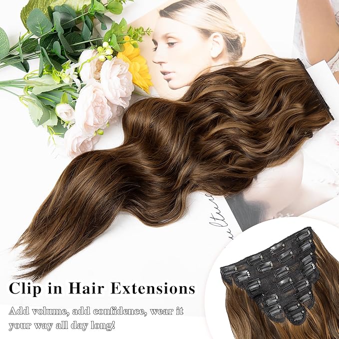 Hair Extensions Clip Ins, 8PCS 20 Inch Wavy Dark Brown Mix Light Brown Clip in Hair Extensions, Synthetic Lace Weft Hairpieces for Women Daily Party Use
