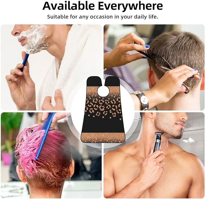Beard Hair Catcher for Men, Waterproof Shaving Bib Apron Non-Stick, Trimming Tool for Dad Husband, Rose Gold Glitter Black Cheetah Leopard Print Shave Bib