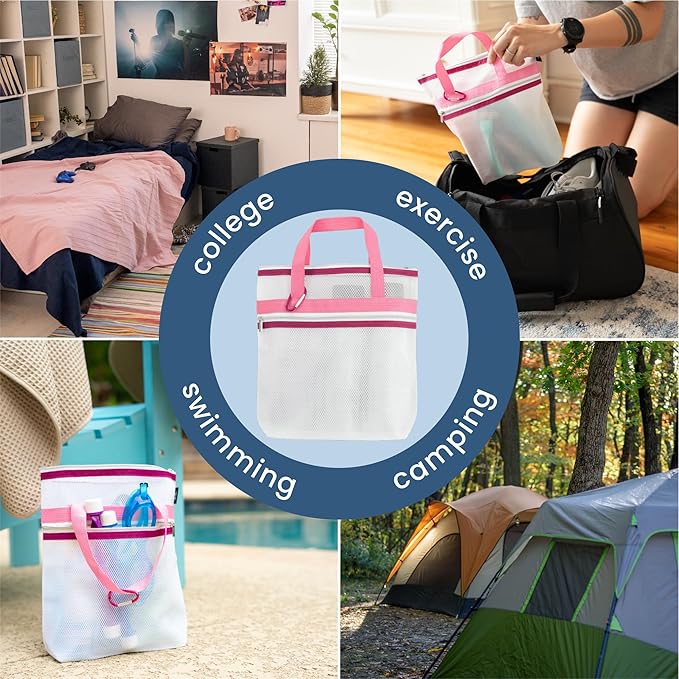 S&T INC. Mesh Shower Caddy, Shower Bag for Dorm Room Essentials, Gym Bag, Camping and More, Two Zippered Pockets, White and Pink, 10 Inches x 10 Inches
