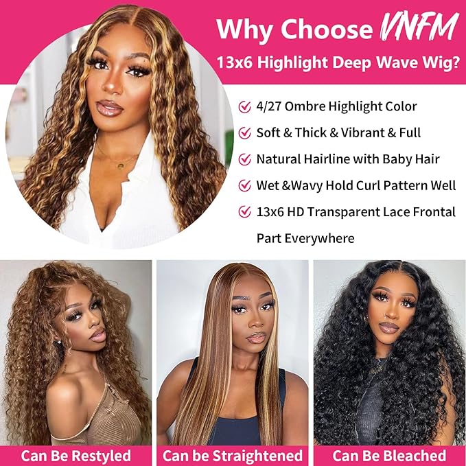 Highlight Ombre Lace Front Wig Human Hair Deep Wave Honey Blonde 4/27 13x6 HD Lace Frontal Wigs Wet and Wavy 200 Density Curly Wigs Human Hair Pre Plucked 28 Inch
