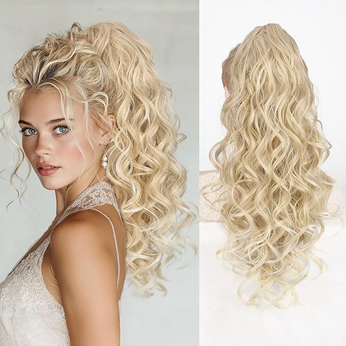 QGZ 20" Wavy Ponytail Extension, Claw Clip Ponytail Hair Extension, Natural Synthetic Hairpiece for Women Daily Use(Blonde with Light Blonde Ends)