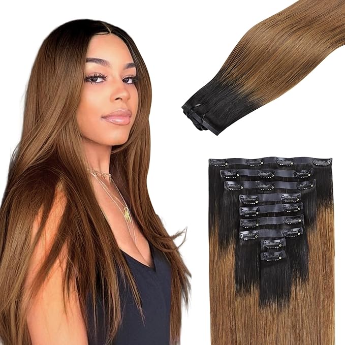 Lashey Seamless Clip in Hair Extensions Human Hair 150g 9pcs 24 Inch Ombre Natural Black to Medium Auburn Straight Clip in Hair Extension for Women PU Weft Hair Extension