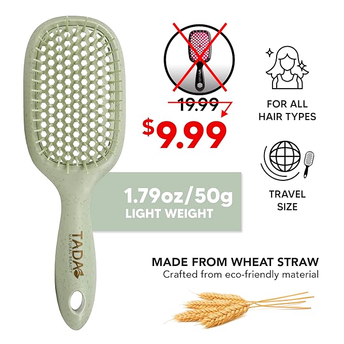 TADA Natural Beauty Hair Brush Detangler for Curly, Thick, Wavy, and Thin Hair - Ventilation Holes for Quick Drying and Styling, Detangler Brush for Women, Men, Kids (4 Colors) (Green)