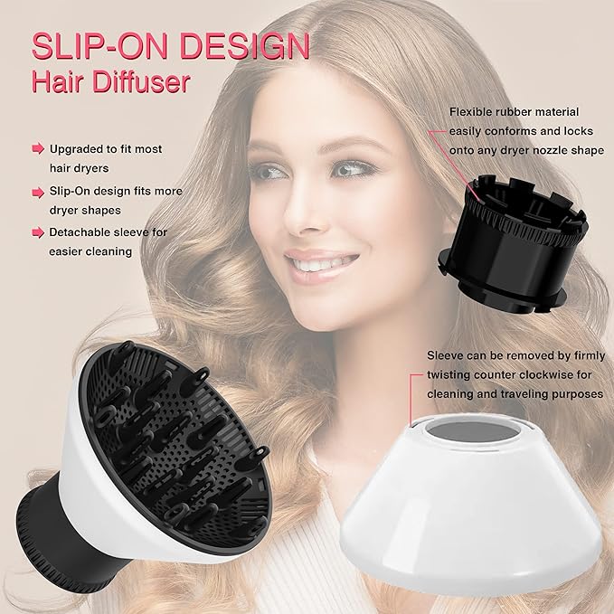 Slip-On Hair Diffuser Hair Dryer Attachment to Fit Nozzles from 1¾ to 2¼ inches for Curly and Natural Wavy Hair (White)
