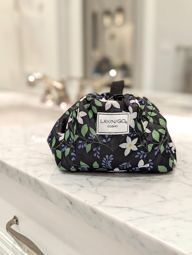 Lay-n-Go Cosmo Drawstring Cosmetic & Makeup Bag Organizer - Portable Drawstring Makeup Bag w/Zipper Pocket, Makeup Loops & More - Durable, Machine Washable Toiletry Bag (20", Floral Large)