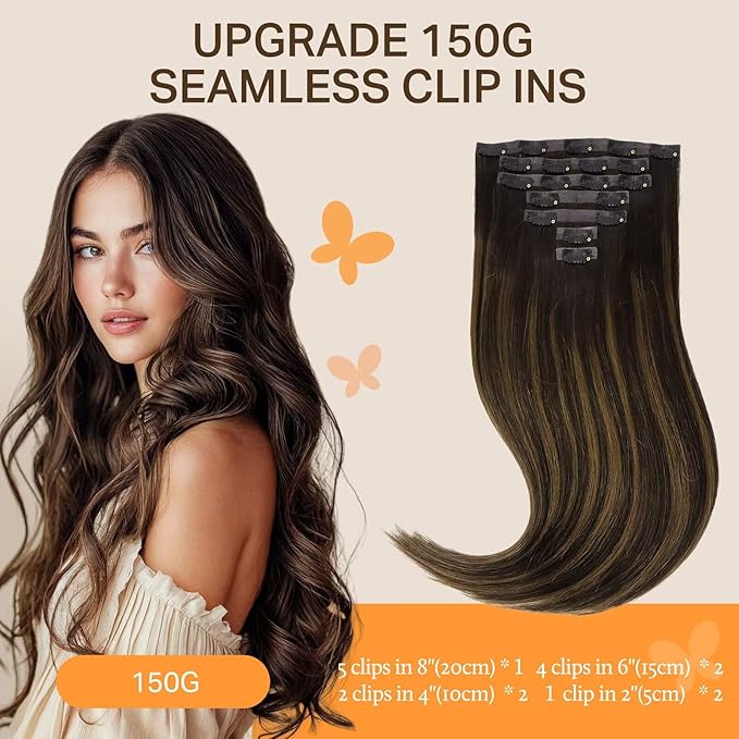 DOORES Clip-in Real Human Hair Extensions with Invisible Edge, Dark Brown to Chestnut Brown 16 Inch 7 Pieces, Straight Natural Virgin Hair