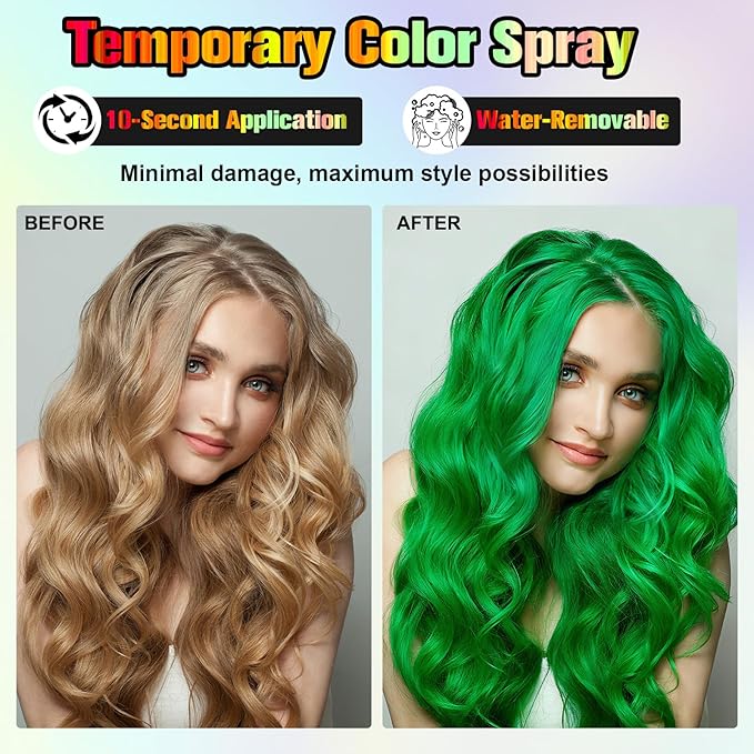 Temporary Hair Color Spray - Instant Washable Hair Dye for Kids & Adults, Non-Toxic & Non-Sticky Formula for Halloween, Cosplay, Parties & Festivals - Lasts All Day, Easy Wash Out - 4.22 fl oz (Green)