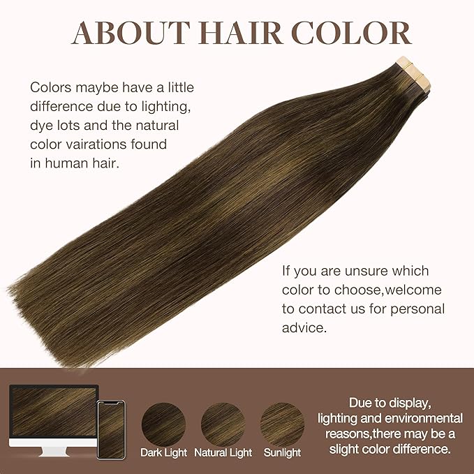 GOO GOO Tape in Hair Extensions Human Hair, 2C/4E/6C Brown Sugar Swirl Highlights, 18inch 50g 20pcs, Skin Weft Seamless Invisible, Silky Straight with Thick Ends, Remy Human Hair