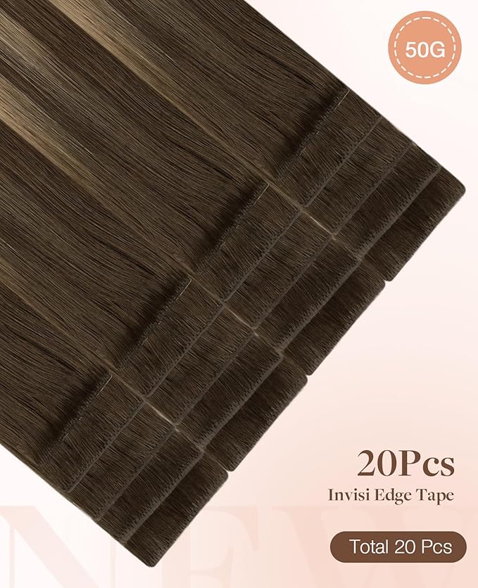 GOO GOO Invisi Edge Tape in Hair Extensions Human Hair, 4/27/4 Balayage Chocolate Brown to Caramel Blonde 20pcs 16inch 50g, Virgin Remy Hair, Seamless Injected Tape, Natural Look