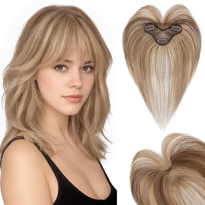 Hairro Clip In Bangs For Women Remy Short Thin Wispy Hair Topper Hairpieces 3D Cover Fake Highlight Bangs Hair Clip 11 Inches 14.5g #4P27 Medium Brown Mix Dark Blonde