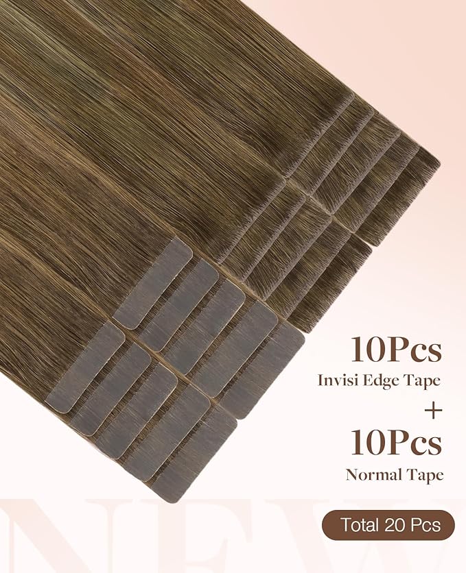 GOO GOO Invisi Edge Tape in Hair Extensions Human Hair, 3/8/613 Walnut Brown to Ash Brown and Bleach Blonde 10pcs injected with 10pcs classical tape ins, 14inch 50g, Virgin Remy Hair, Natural Look