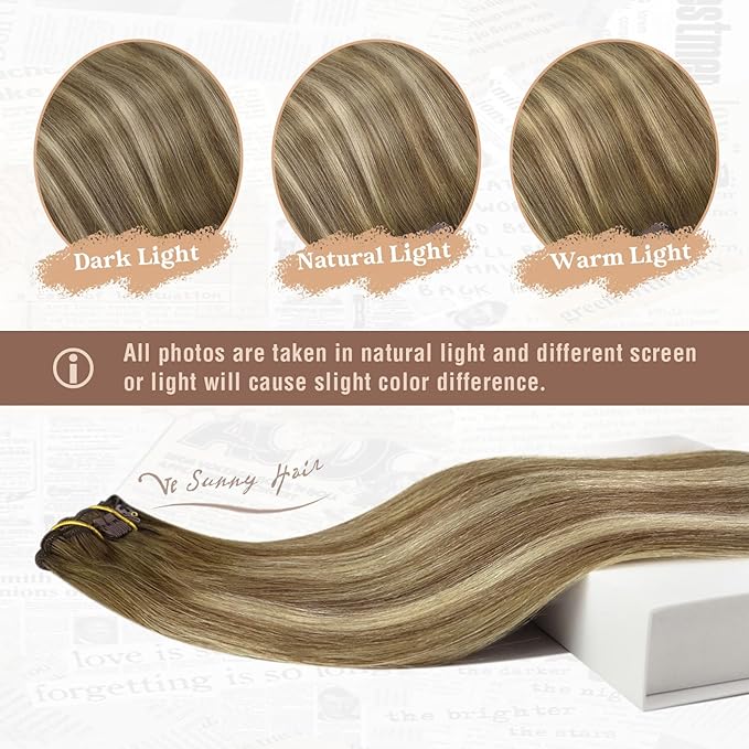 Ve Sunny Human Hair Clip in Extensions Balayage Clip in Hair Extensions Ombre Hair Extensions Clip ins Dark Brown to Light Brown with Blonde Clip on Extensions Easy to Use 16inch 120g 7pcs