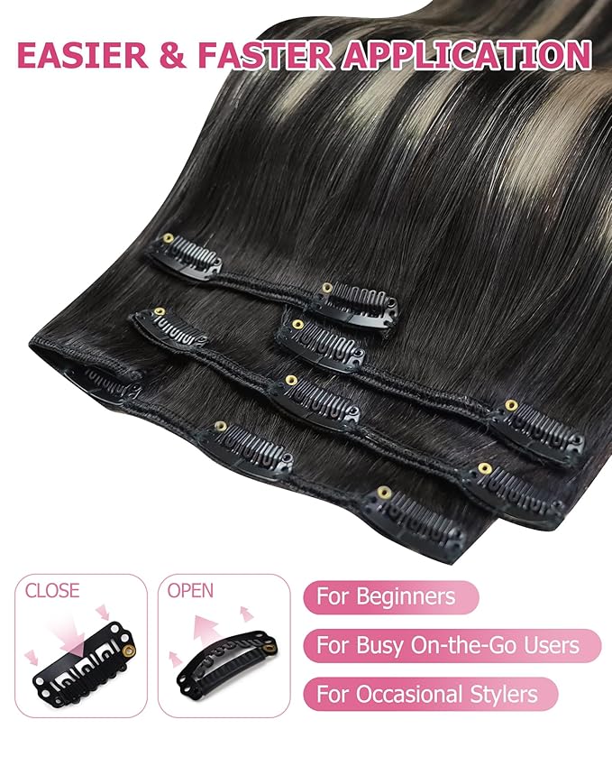 YoungSee Balayage Clip in Hair Extensions Black Silver Clip in Human Hair Extensions Ombre Black Mix Silver Clip in Hair Extensions Real Human Hair for Women 24inch 7Pcs 120G
