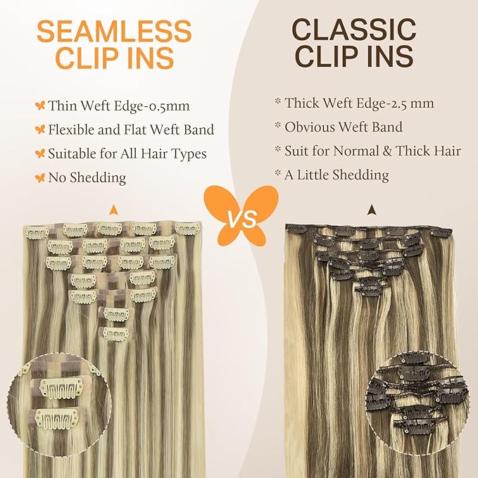 DOORES Clip in Hair Extensions, Light Brown Highlighted Medium Blonde Human Hair Extensions 22 Inch 150g 7pcs, Virgin Hair Extensions Silky Straight Thick Weft