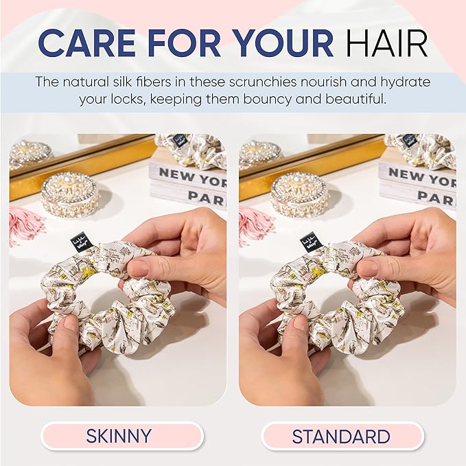 Blissy Silk Scrunchies (3 Pack) - 100% Pure Mulberry Silk - 22 Momme 6A High-Grade Fibers Scrunchie for Straight & Curly Hair (Nicole Miller NY to Paris, Regular)