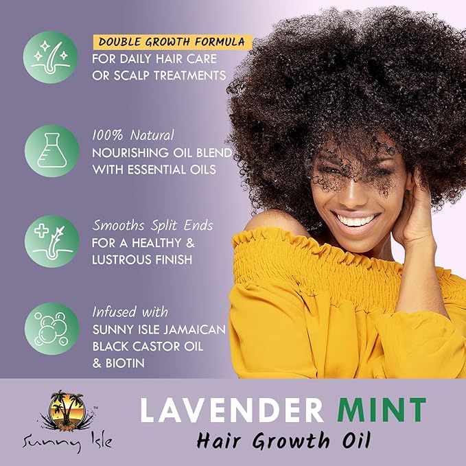Sunny Isle Lavender Mint Hair and Strong Roots Oil 4oz | Infused with Jamaican Black Castor Oil and Biotin | Strengthen and Nourish Hair Follicles | Dry Scalp, Split Ends | Double Growth Formula