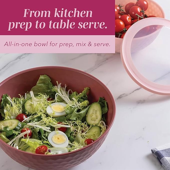 COOK WITH COLOR Mixing Bowls with Lids - 12 Piece Plastic Nesting Bowls Set includes 6 Prep Bowls and 6 Lids, Non Slip Bottom and Embossed Design - Microwave Safe (Rose)