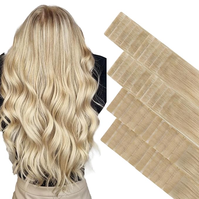 GOO GOO Invisi Edge Tape in Hair Extensions Human Hair, 18ET90A Natural Blonde Balayage 20pcs injected with 20pcs classical tape ins, 12inch 80g, Virgin Remy Hair, Natural Look