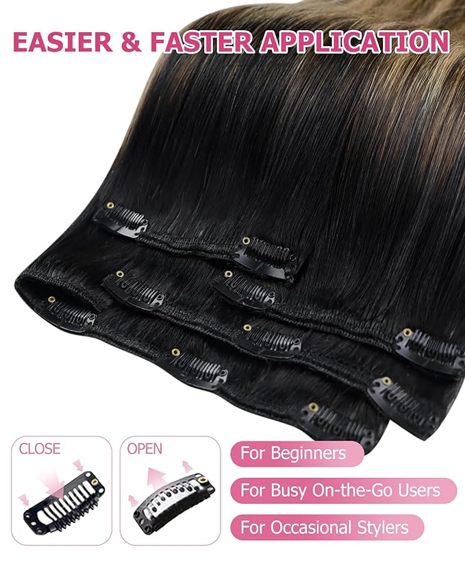 YoungSee 135G Clip in Human Hair Extensions Black Ombre Hair Extensions Clip ins Balayage Black Roots to Brown with Caramel Blonde Clip on Hair Extension Real Human Hair 18In 7Pcs
