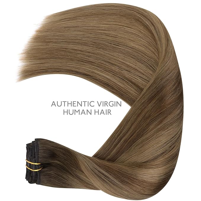 WENNALIFE Clip in Hair Extensions - Real Human Hair, 24 Inch 120g 7pcs, Light Ash Brown to Warm Chocolate Highlighted Caramel Blonde