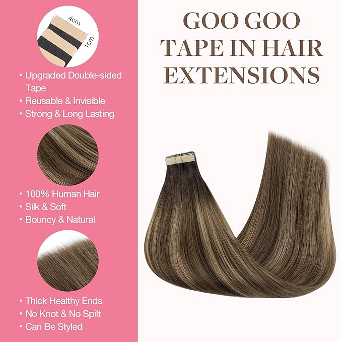 GOO GOO Tape in Hair Extensions Human Hair, 4D/14/5B Brunette Balayage, 16inch 50g 20pcs, Skin Weft Seamless Invisible, Silky Straight with Thick Ends, Remy Human Hair