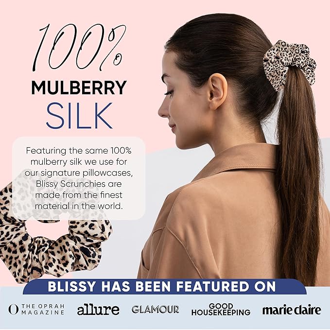 Blissy Silk Scrunchies (3 Pack) - 100% Pure Mulberry Silk - 22 Momme 6A High-Grade Fibers Scrunchie for Straight & Curly Hair (Leopard, Skinny)