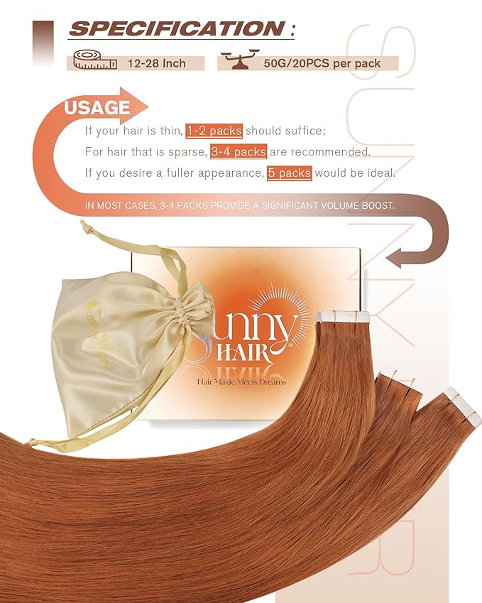 Sunny Hair Tape in Hair Extensions Real Human Hair Invisible Remy Hair Extensions Tape ins for Women Copper Red 12 inch 20Pcs
