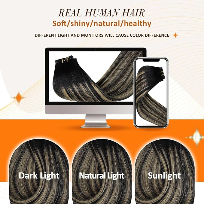 Full Shine Real Hair Clip in Extensions Balayage Seamless Clip ins Off Black to Black With Caramel Blonde Invisible Hair Extension Black Remy Natural Hair Longevity 120 Grams 18 Inch 8 Pcs