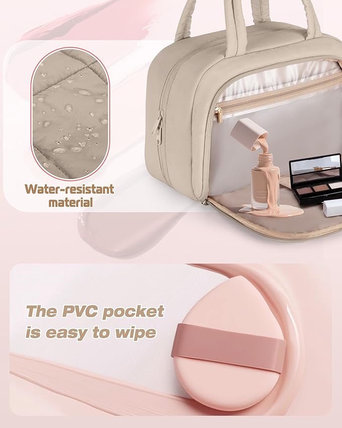 Travel Toiletry Bag for Women with Hanging Hook, Water Resistant Puffy Makeup Organizer with Leak Proof Pockets for Toiletries and Cosmetics - Khaki (Bag Only)