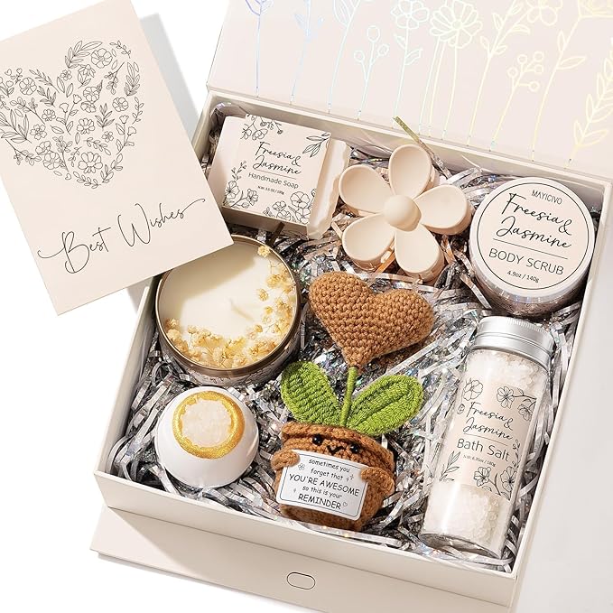 Spa Gifts for Women Bath Gift Set, Freesia & Jasmine Relaxing Spa Gift Basket Home Bath Set Self Care Kit Care Package Thank You Christmas Birthday Gifts for Women Mom Her Friend Sister Teen Girl Wife