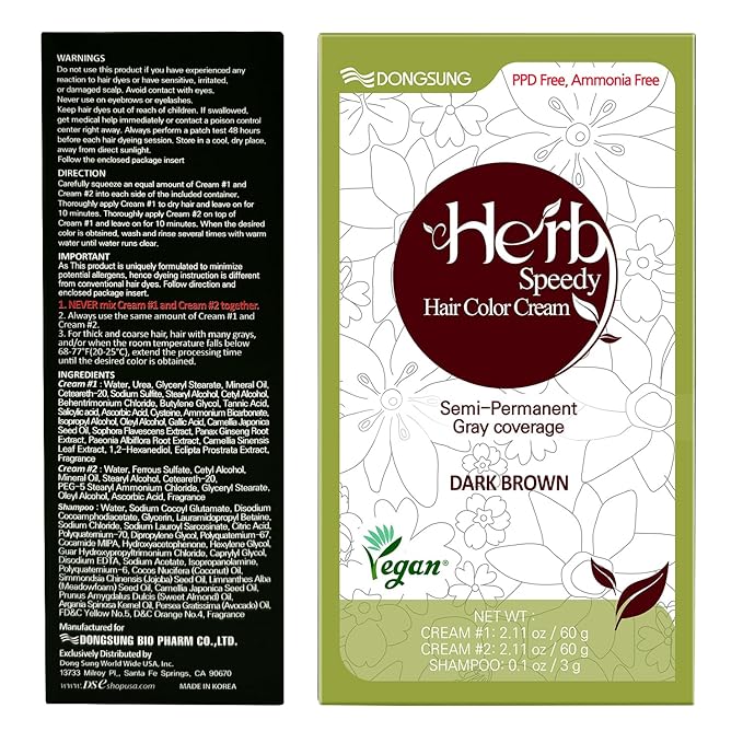 Dongsung Herb Speedy Color Cream (Dark Brown, 3 Pack), PPD-Free Ammonia-Free Vegan Gray Coverage Hair Dye with Sun Protection, Odorless, Gentle for Sensitive Scalp, No Eye or Scalp Irritation
