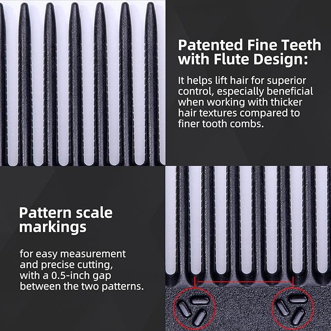 PERFEHAIR 2-Pack Professional Round Tooth Hair Cutting Comb - 7.4 Inch, Black Carbon Fiber Anti-Static & Heat Resistant, Durable Barber Combs with Fine & Wide Tooth for Precise Haircut for Men & Women