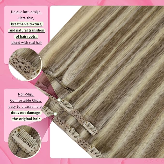 YoungSee Highlight Clip in Human Hair Extensions 22 inch Real Human Hair Extensions Clip ins Blonde Highlights with Light Brown Clip in Extensions Long Straight Hair 7Pcs 120G