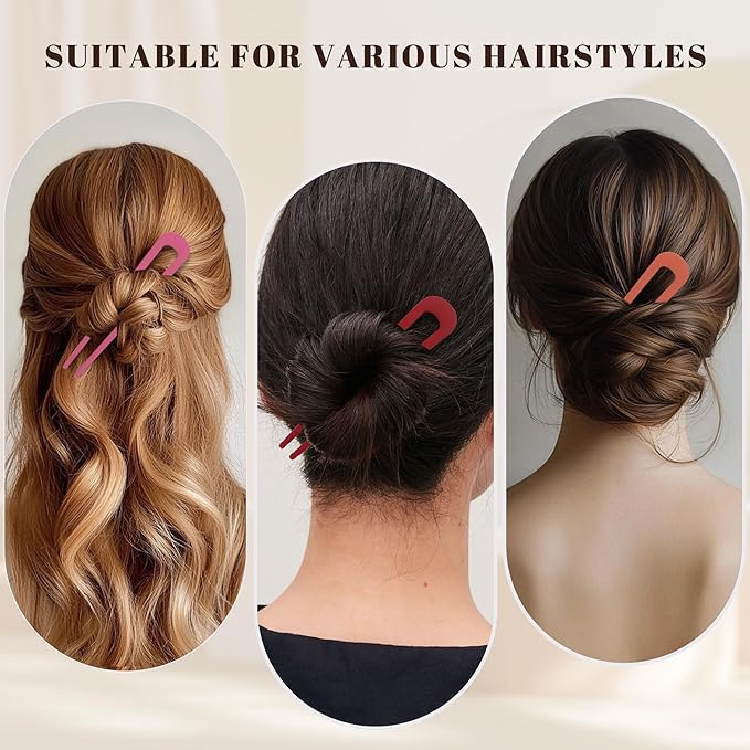 6Pcs Metal French Hair Pins for Women U Shape Sticks 3.9 Inch Vintage Fork for Hairstyle Accessories(Pink/Orange Red/Red)