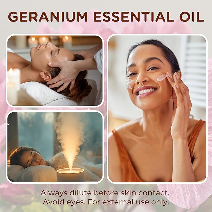 Geranium Essential Oil – Steam-Distilled, Pure & Natural, Long-Lasting Floral Aroma for Skin, Hair, Aromatherapy, DIY Beauty, Soap & Candle Making, 1 fl oz