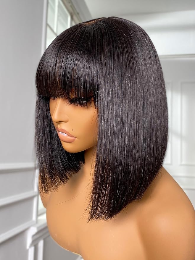 LUVME HAIR 10 Inch Silky Straight Bob Wig with Bangs Human Hair Realistic HD Lace Short Black Bob Wigs, Ready to Go Blunt Cut Bob Wig Glueless 180 Density