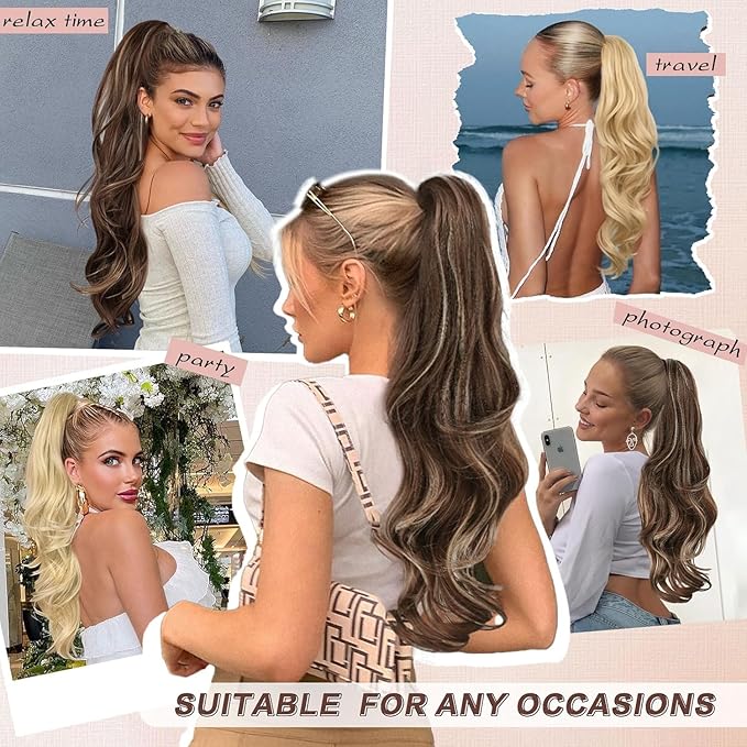 Ponytail Extension, 26 Inch Drawstring Ponytail Extension for Women Long Wavy Layered Pony Tails Hair Extensions Synthetic Clip in Ponytail Hairpiece for Women(8/24)