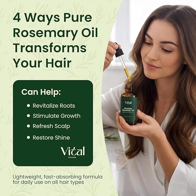 100% Pure Rosemary Oil for Hair Growth & Thicker Hair – Cold Pressed Natural Essential Oil for Women & Men, Nourishes Scalp, Strengthens Roots, Promotes Regrowth & Reduces Thinning