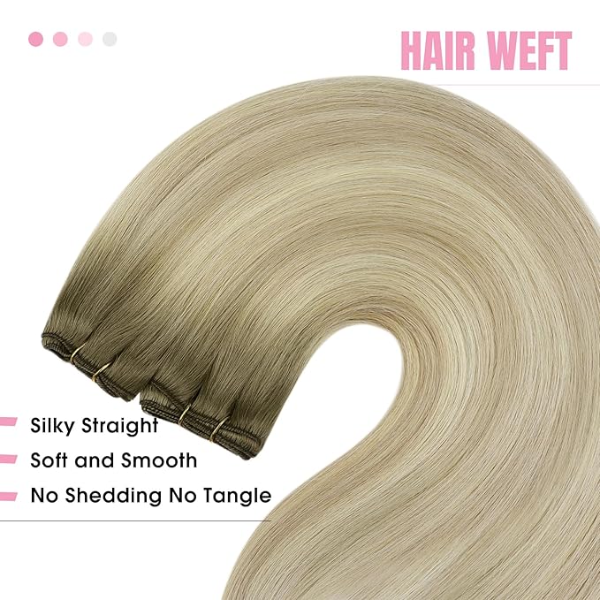 YoungSee Weft Hair Extensions Ombre Blonde Human Hair Sew in Extensions Ash Blonde Ombre Platinum Blond Highlights Sew in Hair Extensions Real Human Hair Wefts One Piece 18Inch 100G